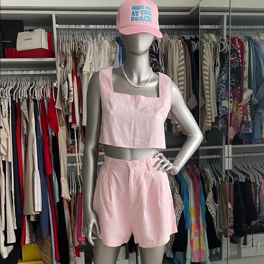 Cropped Square-Neck Linen Tank and High-Waist Shorts Set - Pink